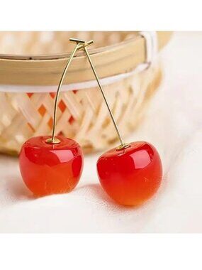 Earrings Cherry Red Drop Dangle 14K Gold Plated Ornament Bomb Sexy Glam Trendy